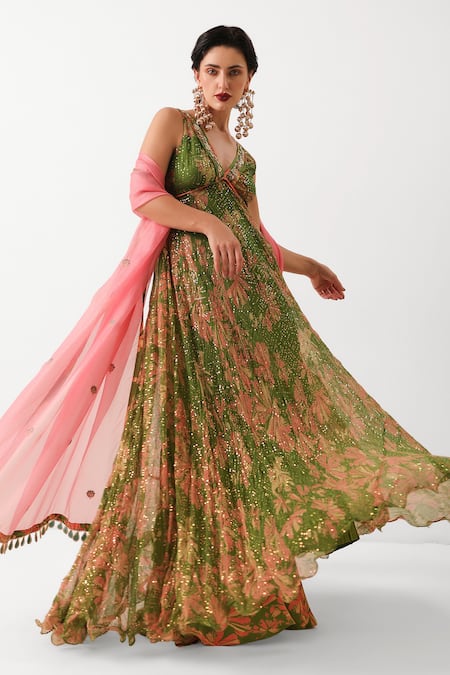 Buy_Pallavi Jaipur_Olive Green Chiffon, Silk Zari, Sequins, Subo Drishti Anarkali Pant Set _Online_at_Aza_Fashions
