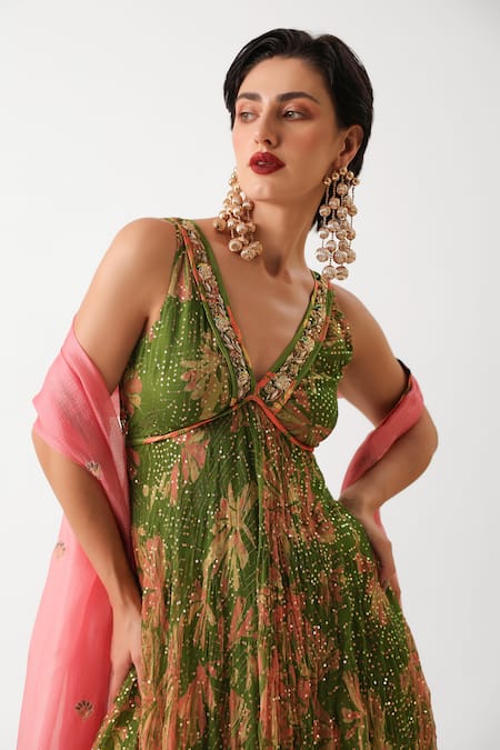 Shop_Pallavi Jaipur_Olive Green Chiffon, Silk Zari, Sequins, Subo Drishti Anarkali Pant Set _Online_at_Aza_Fashions