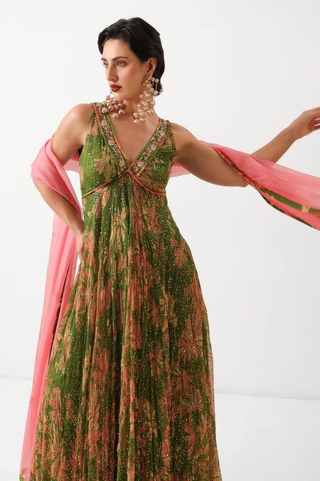 Pallavi Jaipur_Olive Green Chiffon, Silk Zari, Sequins, Subo Drishti Anarkali Pant Set _at_Aza_Fashions