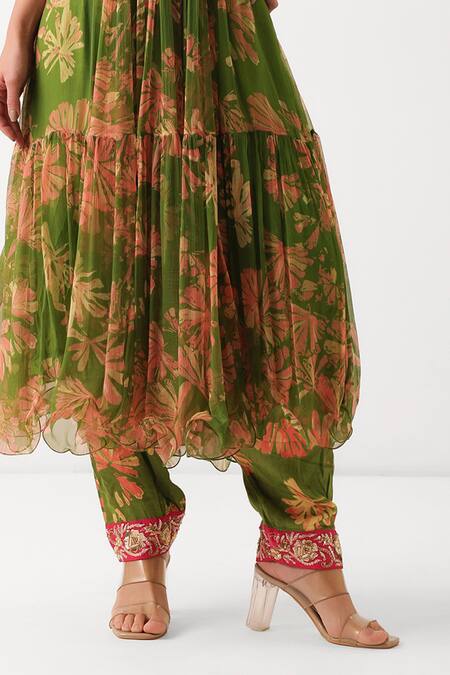 Pallavi Jaipur_Green Chiffon, Silk Embroidery, Zari, Tassels Saraswati Printed Kurta Salwar Set _Online_at_Aza_Fashions