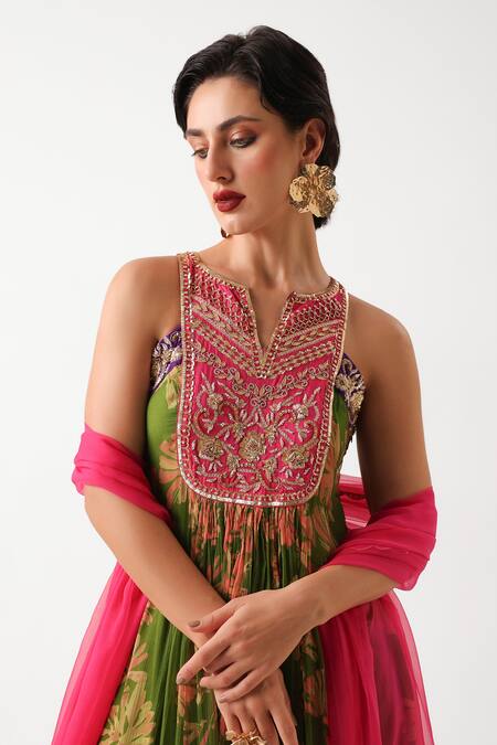 Shop_Pallavi Jaipur_Green Chiffon, Silk Embroidery, Zari, Tassels Saraswati Printed Kurta Salwar Set _Online_at_Aza_Fashions