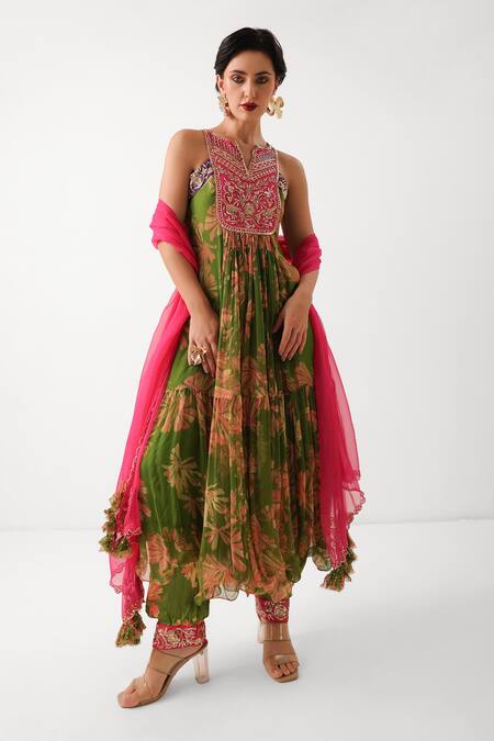 Pallavi Jaipur_Green Chiffon, Silk Embroidery, Zari, Tassels Saraswati Printed Kurta Salwar Set _at_Aza_Fashions