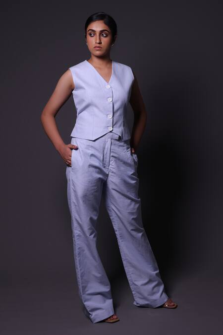 Thetaa_Blue Linen, Shantoon V-neck Stripe Pattern Waistcoat And Pant Set _Online_at_Aza_Fashions