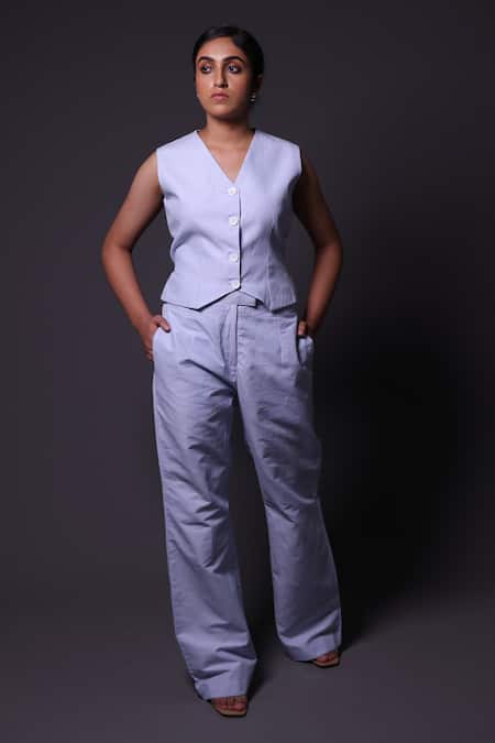 Thetaa Blue Linen, Shantoon V-neck Stripe Pattern Waistcoat And Pant Set 