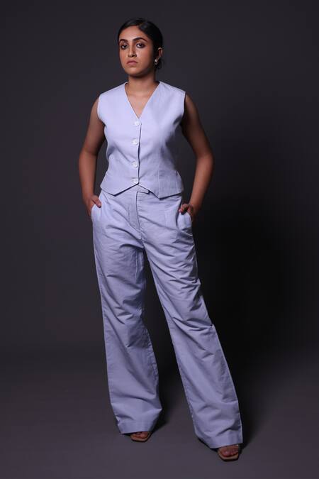 Buy_Thetaa_Blue Linen, Shantoon V-neck Stripe Pattern Waistcoat And Pant Set _Online_at_Aza_Fashions