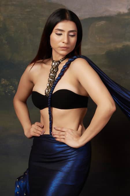 Thetaa_Blue Polyester, Satin Stones Sweetheart Embellished Pre-draped Saree With Blouse _Online_at_Aza_Fashions