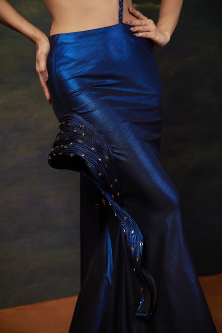 Shop_Thetaa_Blue Polyester, Satin Stones Sweetheart Embellished Pre-draped Saree With Blouse _Online_at_Aza_Fashions