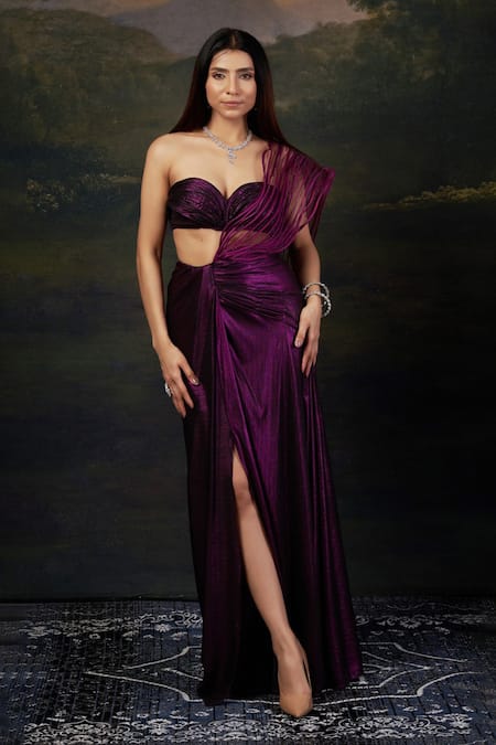 Thetaa_Purple Polyester, Net, Shantoon Zari, Metallic Pre-draped Saree With Blouse _Online_at_Aza_Fashions