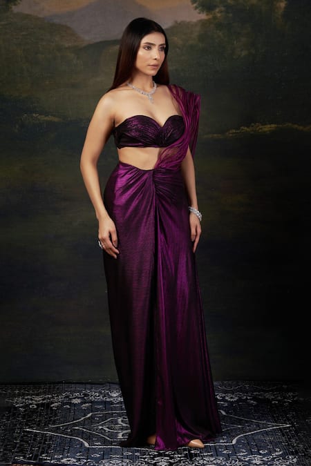 Buy_Thetaa_Purple Polyester, Net, Shantoon Zari, Metallic Pre-draped Saree With Blouse _Online_at_Aza_Fashions