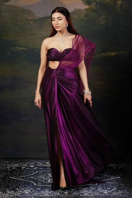 Shop_Thetaa_Purple Polyester, Net, Shantoon Zari, Metallic Pre-draped Saree With Blouse _Online_at_Aza_Fashions