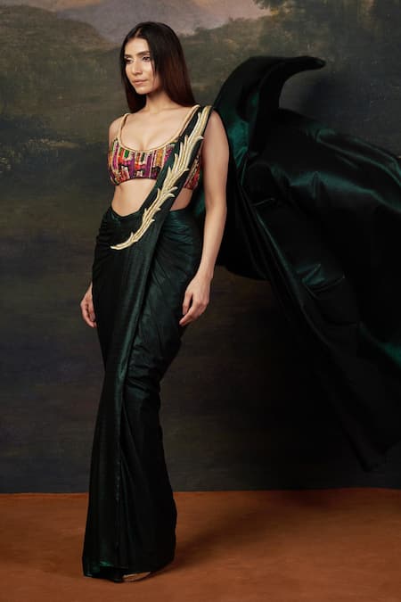 Thetaa_Emerald Green Polyester, Shantoon Zari, Embroidery Pre-draped Saree With Blouse _Online_at_Aza_Fashions