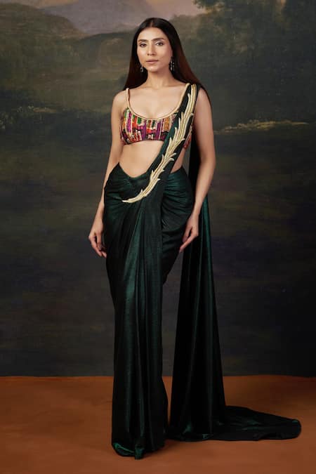 Thetaa Emerald Green Polyester, Shantoon Zari, Embroidery Pre-draped Saree With Blouse 