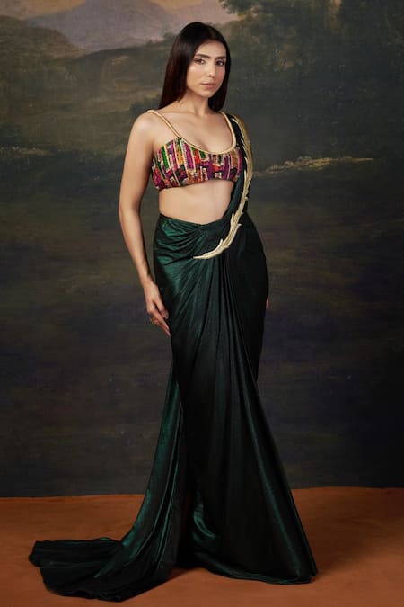 Buy_Thetaa_Emerald Green Polyester, Shantoon Zari, Embroidery Pre-draped Saree With Blouse _Online_at_Aza_Fashions