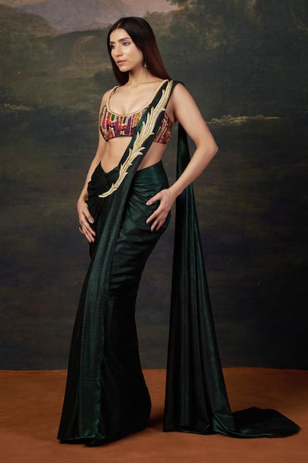 Shop_Thetaa_Emerald Green Polyester, Shantoon Zari, Embroidery Pre-draped Saree With Blouse _Online_at_Aza_Fashions