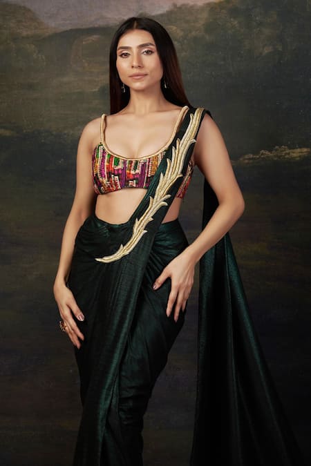 Thetaa_Emerald Green Polyester, Shantoon Zari, Embroidery Pre-draped Saree With Blouse _at_Aza_Fashions