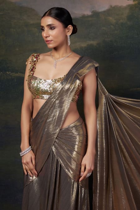 Thetaa_Gold Polyester, Shantoon Embroidery, Sequins Hand Blouse With Pre-draped Saree _Online_at_Aza_Fashions