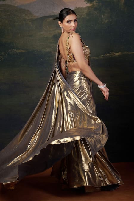 Thetaa Hand Embroidered Blouse With Pre-Draped Saree 