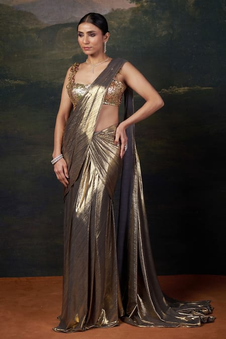 Buy_Thetaa_Gold Polyester, Shantoon Embroidery, Sequins Hand Blouse With Pre-draped Saree _Online_at_Aza_Fashions