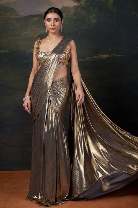 Thetaa_Gold Polyester, Shantoon Embroidery, Sequins Hand Blouse With Pre-draped Saree _at_Aza_Fashions