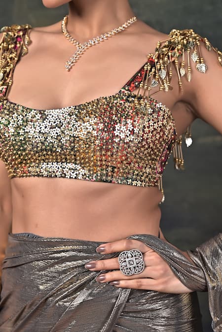 Shop_Thetaa_Gold Polyester, Shantoon Embroidery, Sequins Hand Blouse With Pre-draped Saree 