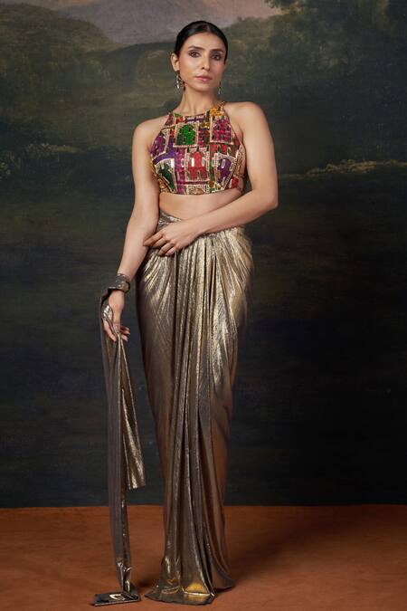 Thetaa_Multi Color Silk, Polyester, Shantoon Backless Blouse Draped Dhoti Skirt Set _Online_at_Aza_Fashions