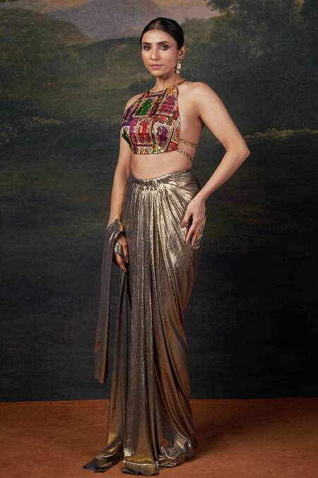 Shop_Thetaa_Multi Color Silk, Polyester, Shantoon Backless Blouse Draped Dhoti Skirt Set _Online_at_Aza_Fashions