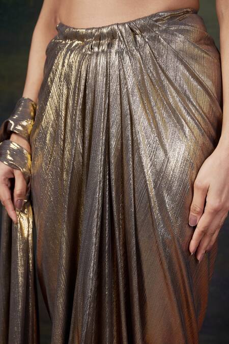 Buy_Thetaa_Multi Color Silk, Polyester, Shantoon Backless Blouse Draped Dhoti Skirt Set 