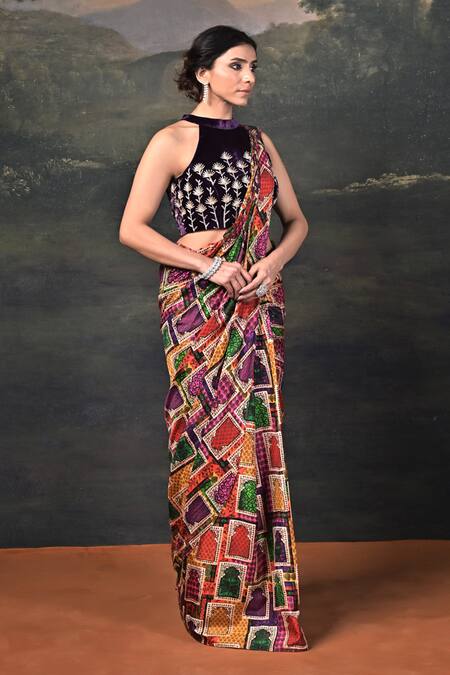 Thetaa_Multi Color Silk, Velvet, Shantoon Embroidery Blouse With Pre-draped Saree_Online_at_Aza_Fashions