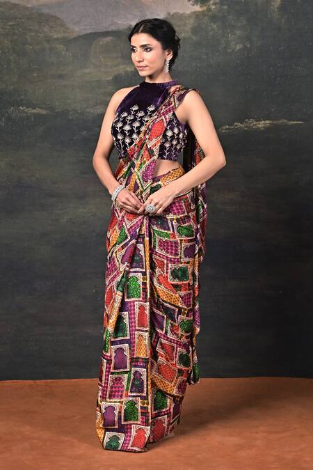Buy_Thetaa_Multi Color Silk, Velvet, Shantoon Embroidery Blouse With Pre-draped Saree_Online_at_Aza_Fashions