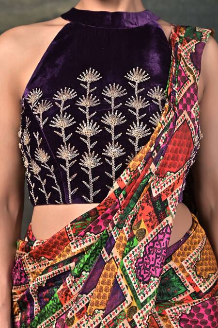 Shop_Thetaa_Multi Color Silk, Velvet, Shantoon Embroidery Blouse With Pre-draped Saree_Online_at_Aza_Fashions