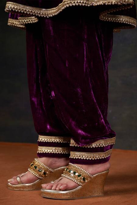Shop_Thetaa_Purple Velvet, Shantoon, Organza Hand-embroidered Kalidar Anarkali Set _Online_at_Aza_Fashions