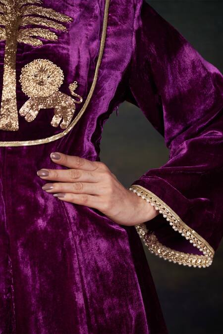 Buy_Thetaa_Purple Velvet, Shantoon, Organza Hand-embroidered Kalidar Anarkali Set 