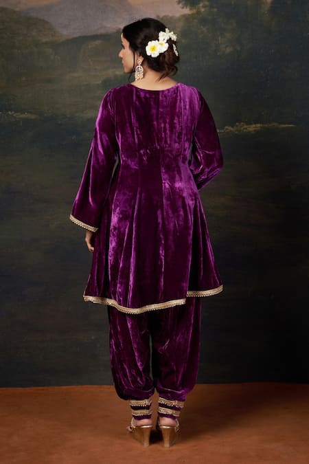 Thetaa Hand-Embroidered Velvet Purple Kalidar Anarkali Set 