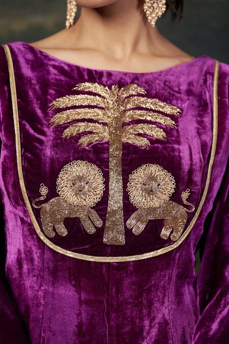 Shop_Thetaa_Purple Velvet, Shantoon, Organza Hand-embroidered Kalidar Anarkali Set 