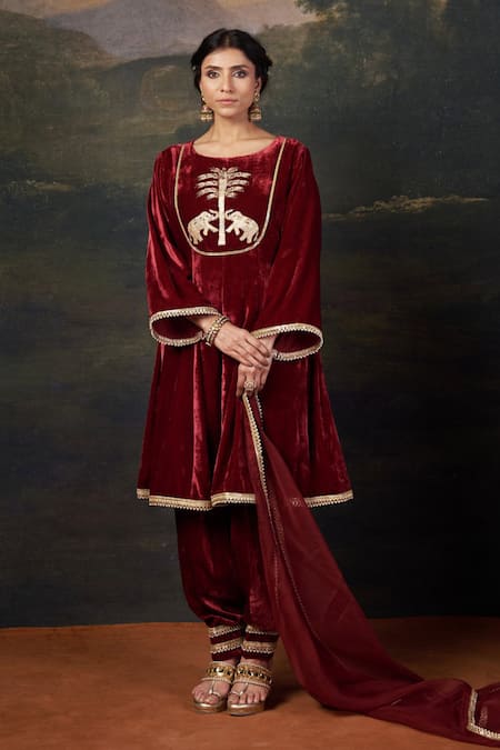 Thetaa Red Velvet, Organza Embroidery, Zari Hand-embroidered Kalidar Anarkali Set 