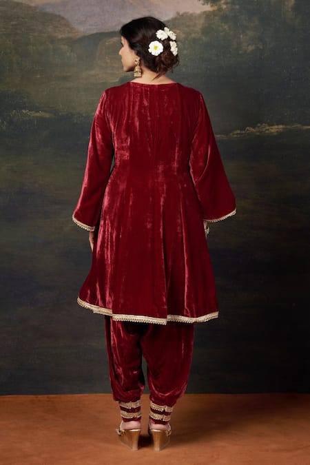 Thetaa Hand-Embroidered Velvet Red Kalidar Anarkali Set 