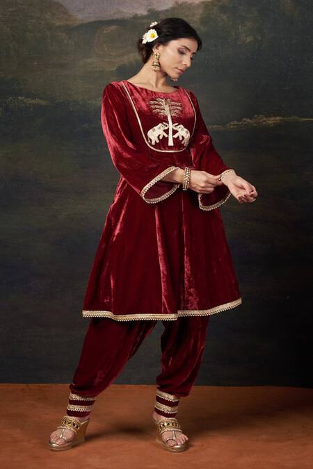 Shop_Thetaa_Red Velvet, Organza Embroidery, Zari Hand-embroidered Kalidar Anarkali Set _Online_at_Aza_Fashions