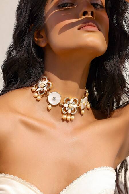 Shop Bblingg White Iraa Mother Of Pearl, Crystal And Enamel Choker Online at Aza Fashions Shop_Bblingg_White Iraa Mother Of Pearl, Crystal And Enamel Choker _Online_at_Aza_Fashions