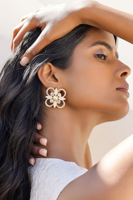 Shop Bblingg White Crystals, Pearls Iraa Swarovski And Stud Earrings at Aza Fashions Shop_Bblingg_White Crystals, Pearls Iraa Swarovski And Stud Earrings _at_Aza_Fashions