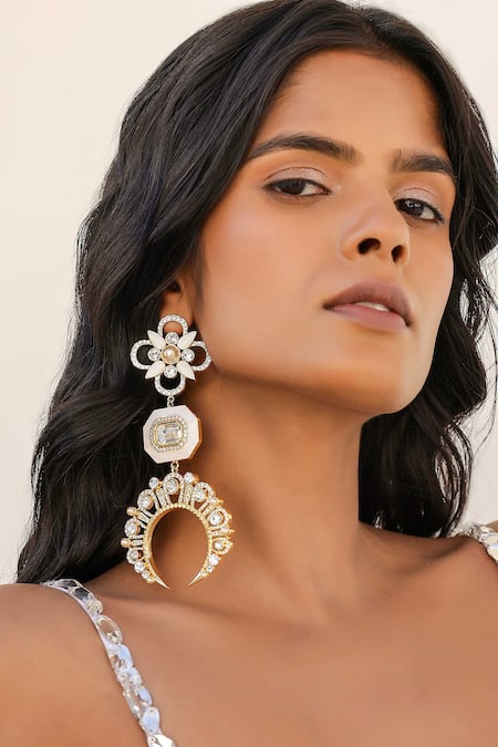 Bblingg Gold Plated Iraa Chaand Shoulder Grazers White Enamel And Swarovski Danglers 