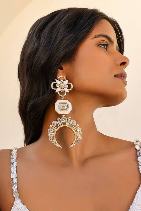 Bblingg Gold Plated Iraa Chaand Shoulder Grazers White Enamel And Swarovski Danglers Online at Aza Fashions Bblingg_Gold Plated Iraa Chaand Shoulder Grazers White Enamel And Swarovski Danglers _Online_at_Aza_Fashions