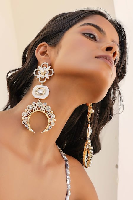 Buy Bblingg Gold Plated Iraa Chaand Shoulder Grazers White Enamel And Swarovski Danglers Online at Aza Fashions Buy_Bblingg_Gold Plated Iraa Chaand Shoulder Grazers White Enamel And Swarovski Danglers _Online_at_Aza_Fashions