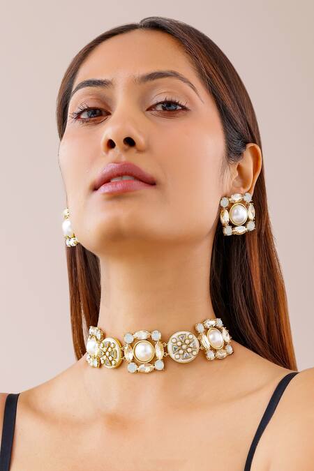 Bblingg_Gold Plated Veda Shell Stone And Pearl Choker _Online_at_Aza_Fashions