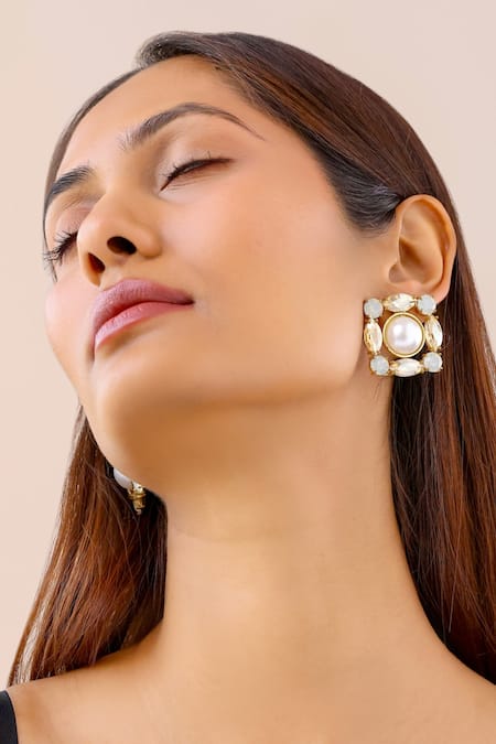 Shop Bblingg Gold Plated Crystals, Pearls Veda And Stud Earrings at Aza Fashions Shop_Bblingg_Gold Plated Crystals, Pearls Veda And Stud Earrings _at_Aza_Fashions