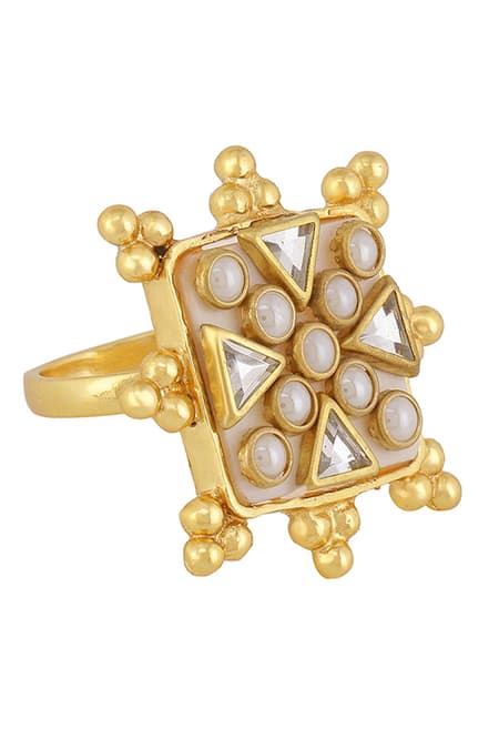 Shop Bblingg Gold Plated Pearls, Crystals, Stones Viana Mini Ivory Shell Kundan Ring at Aza Fashions Shop_Bblingg_Gold Plated Pearls, Crystals, Stones Viana Mini Ivory Shell Kundan Ring _at_Aza_Fashions