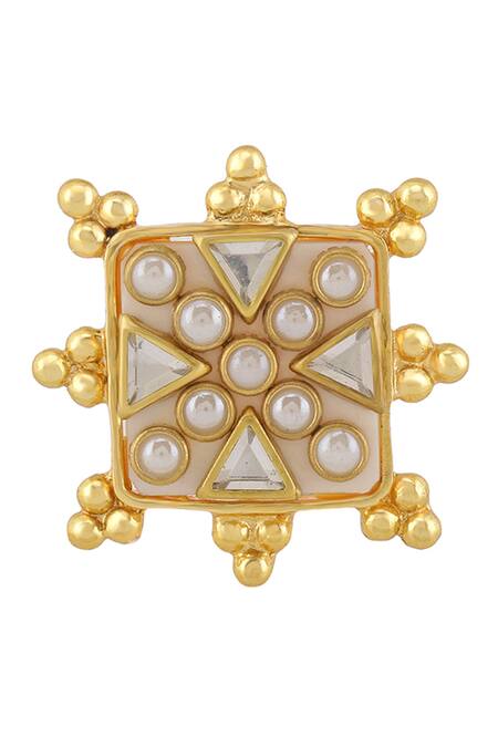 Shop Bblingg Gold Plated Pearls, Crystals, Stones Viana Mini Ivory Shell Kundan Ring Online at Aza Fashions Shop_Bblingg_Gold Plated Pearls, Crystals, Stones Viana Mini Ivory Shell Kundan Ring _Online_at_Aza_Fashions