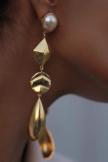 Bblingg Gold Plated Pearls Caira Textured Geometric Drop Earrings Online at Aza Fashions Bblingg_Gold Plated Pearls Caira Textured Geometric Drop Earrings _Online_at_Aza_Fashions