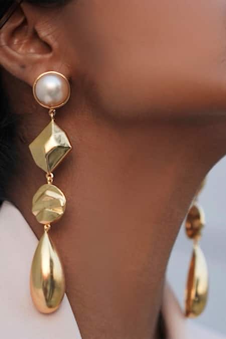 Buy Bblingg Gold Plated Pearls Caira Textured Geometric Drop Earrings Online at Aza Fashions Buy_Bblingg_Gold Plated Pearls Caira Textured Geometric Drop Earrings _Online_at_Aza_Fashions