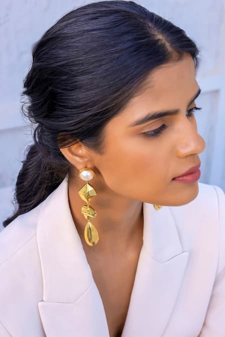 Shop Bblingg Gold Plated Pearls Caira Textured Geometric Drop Earrings at Aza Fashions Shop_Bblingg_Gold Plated Pearls Caira Textured Geometric Drop Earrings _at_Aza_Fashions