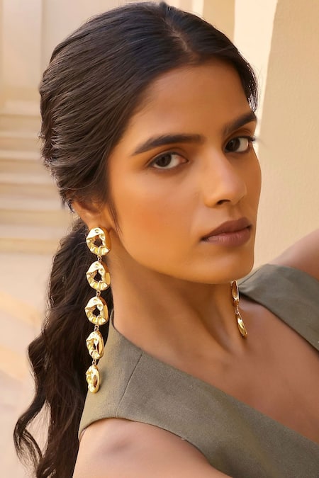 Shop Bblingg Gold Statement Textured Shoulder Duster Earrings at Aza Fashions Shop_Bblingg_Gold Statement Textured Shoulder Duster Earrings _at_Aza_Fashions
